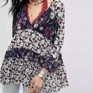 Free People Isabelle Hi Lo Oversized V Neck Floral Tunic Top Multicolor Tiered